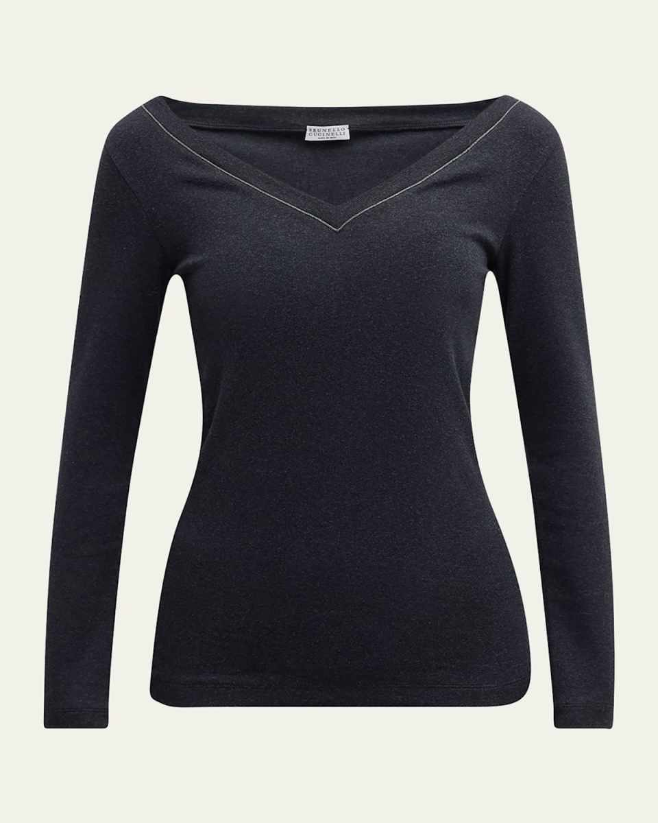 Ribbed Jersey V-Neck Top with Monili Edging